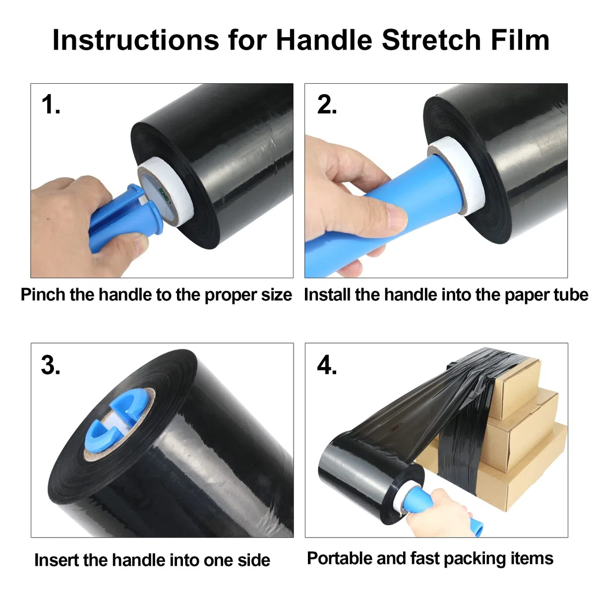 Paquete de 4 mini paletas estirables película retráctil negra con mango rodante de 20 mic* 130 mm* 305 m, prácticos rollos de recarga retráctil, proveedor de embalaje móvil de la industria-BOMEI PACK
