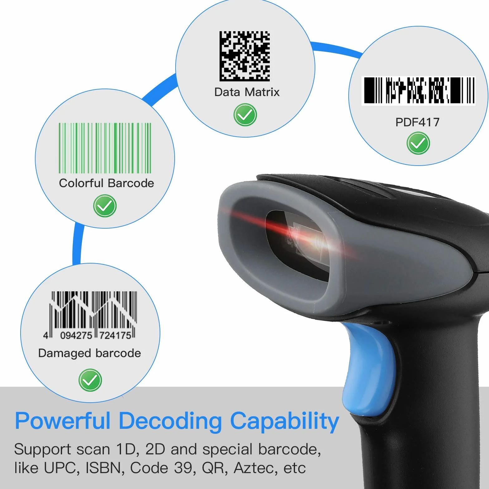 Eyoyo Escáner de códigos de Barras 1D 2D QR con Soporte, escáner de Cable USB portátil para gestión de inventarios, código de Barras portátil/Lector de códigos QR, escáner de detección automática