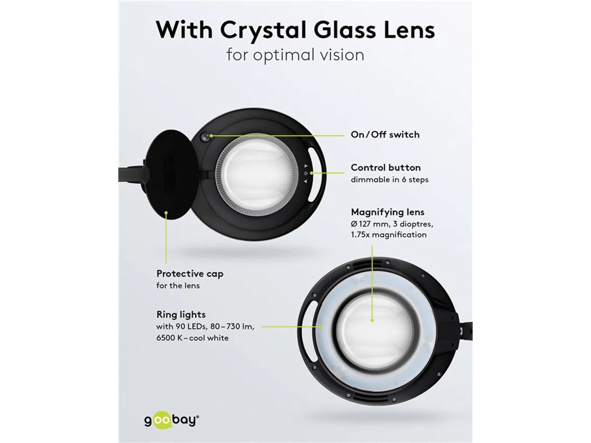 goobay 64988 Lámpara aumento LED 9W 730lm/ pinza/lente cristal 127mm 1,75 aumentos lupa trabajo cosmética, soldadura, manualidades, leer/brazo articulado/lámpara sobremesa