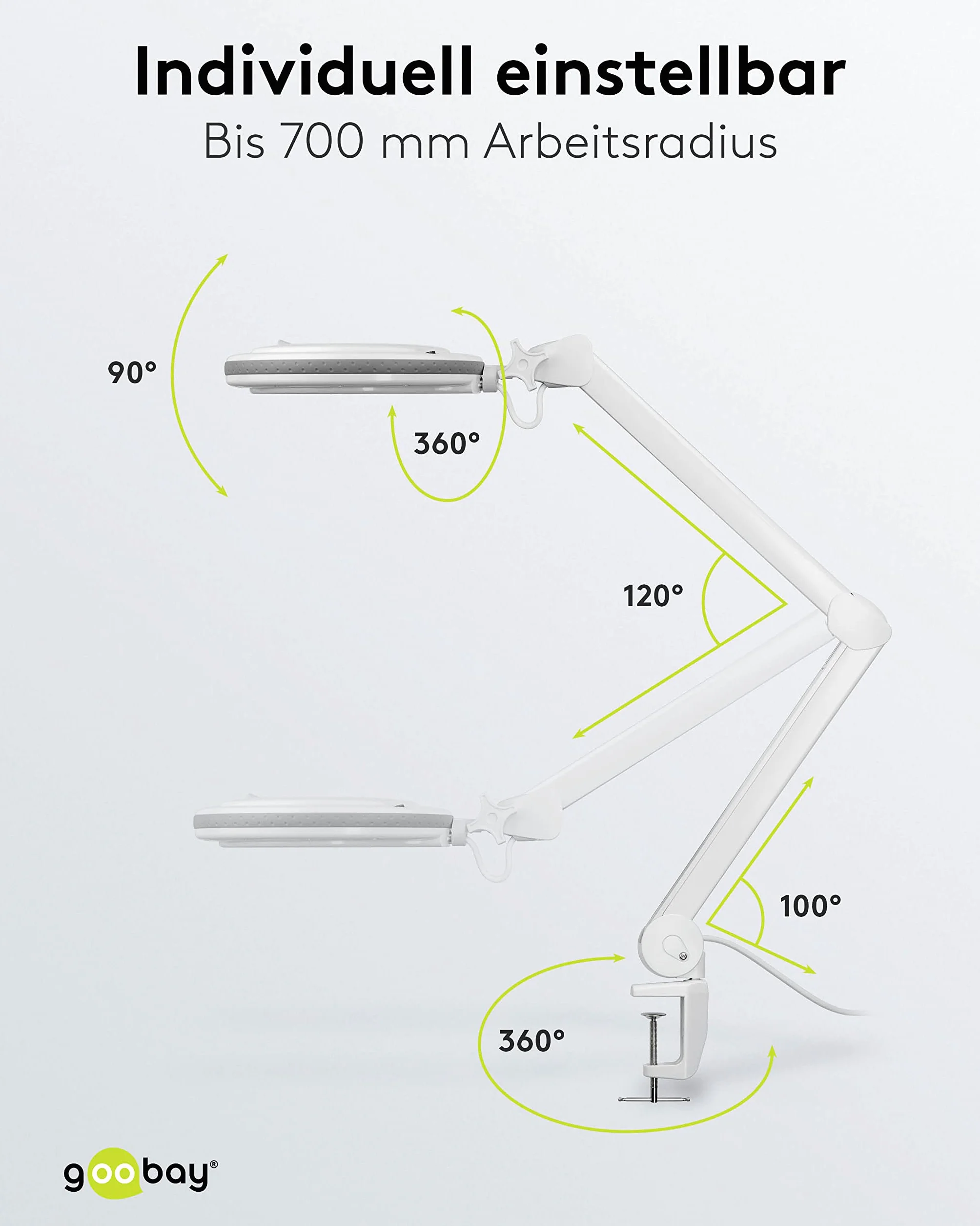 goobay 60362 Lámpara lupa LED con pinza / 9 W de consumo/lente de cristal de 127 mm/temperatura de color 6400 K / 1,75 aumentos/flujo luminoso 83-730 lumen/blanco