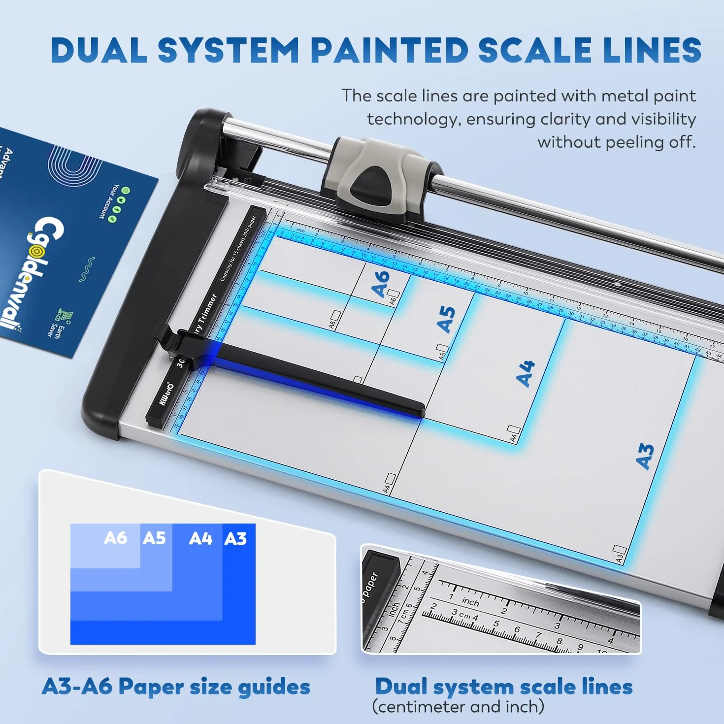 CGOLDENWALL A3 Cortador de Papel Industrial 15 Hojas Capacidad, con Regla Lateral, Medición Rejilla de A3-A6 y Protección de Seguridad, Massicot Disco Rotativa para Papel, Foto, Papel Artesanal, PVC
