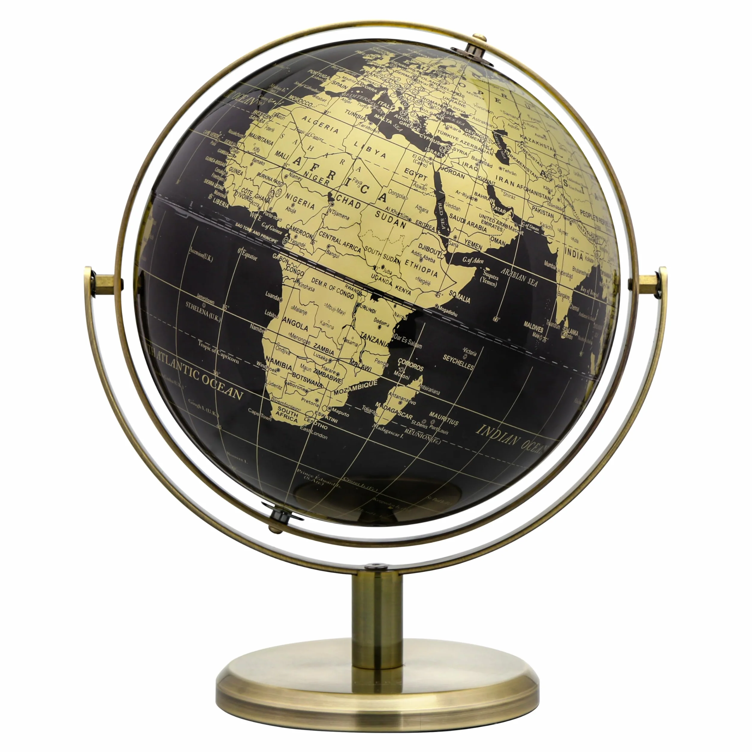 EXERZ Globo de 20 cm, color negro y dorado, rotación de 360 grados en todas las direcciones, World Globe Educational Geographic, arco y base de bronce, mapa inglés.