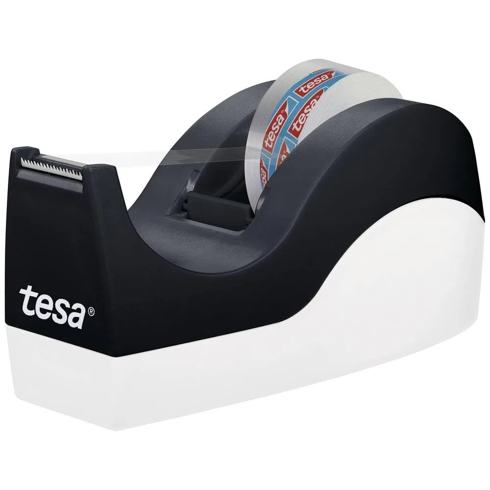 tesa EasyCut ORCA - Dispensador de Cinta Adhesiva - Dispensador con Base Antideslizante para Mesas y Escritorios - Incluye 8 Rollos de Cinta tesafilm Crystal-Clear 33m x 19 mm - Negro y Blanco