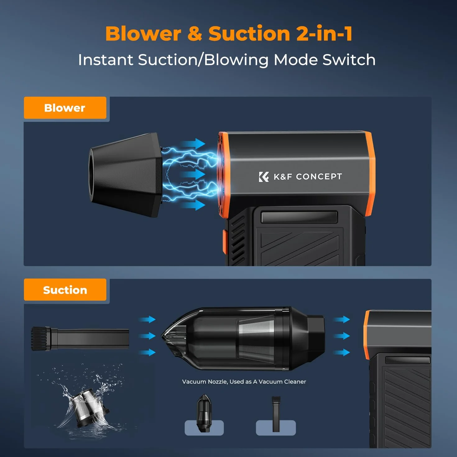 K&F CONCEPT BS500M Soplador y Aspirador Eléctrico 2 en 1 300000 RPM | Conexión Magnética |3 Velocidades | Air Duster con 2 Luces LED | Motor Brushless | Limpieza para PC, Teclados, Autos y Exteriores