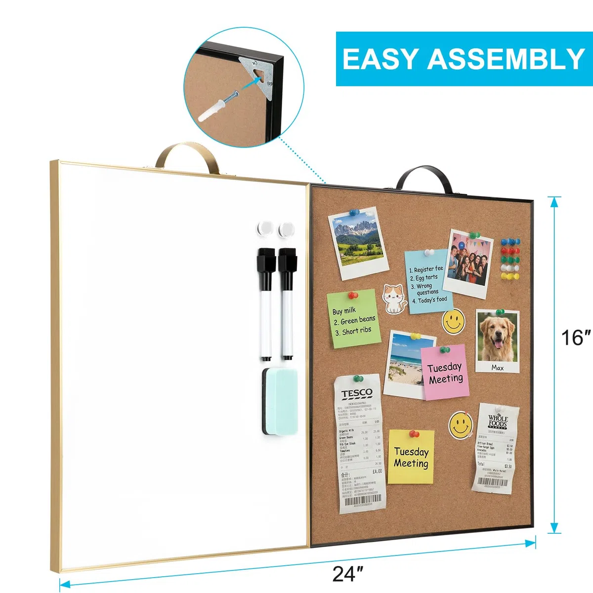 Combo de pizarra blanca pequeña de corcho para pared, juego de 2 pizarras, 24 x 16 pulgadas en total | Mini tablero de corcho magnético con marco de aluminio portátil con asa para escuela, oficina, hogar