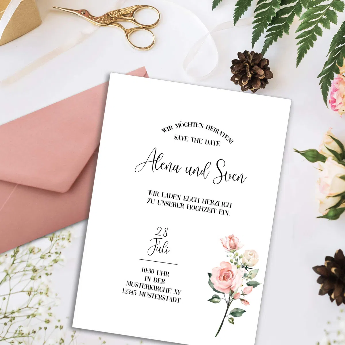 250 juegos de cartas DIN A4 - papel natural en crema con ramas de rosa - con sobres DIN largo en papelería rosa antiguo imprimible, ideal para invitaciones de boda