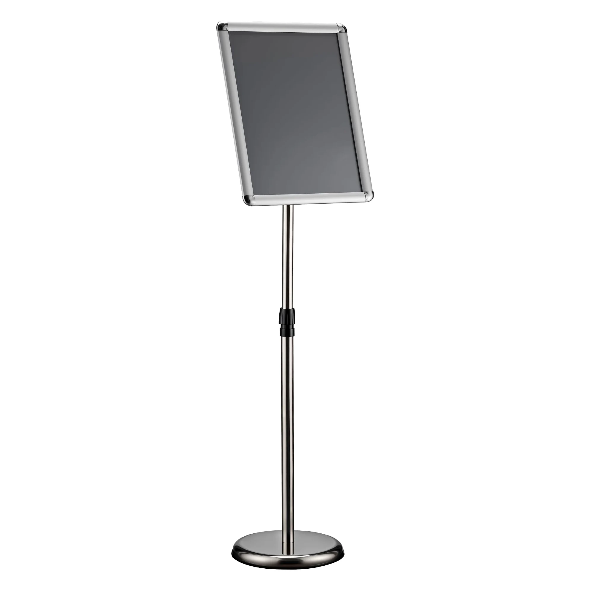 WilTec Soporte para carteles A3 de pie altura ajustable 88-138 cm en aluminio y acero inoxidable, soporte de presentación información, documentos, folletos, soporte publicitario versátil