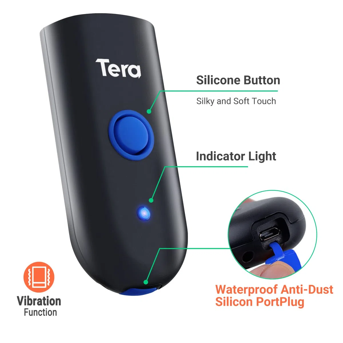 Tera 1D Láser Lector de Códigos de Barras Inalámbrico 1D Escáner de Códigos de Barras, Tres Modos de Uso, Compatible con Bluetooth, Inalmábrico a 2.4 GHz y con Cable USB 2.0,1100