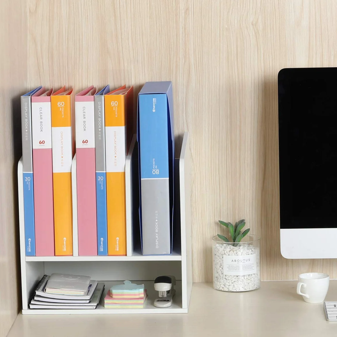 EasyPAG Organizador Escritorio Madera A4 4 Compartimentos Bandeja Documentos Blanco