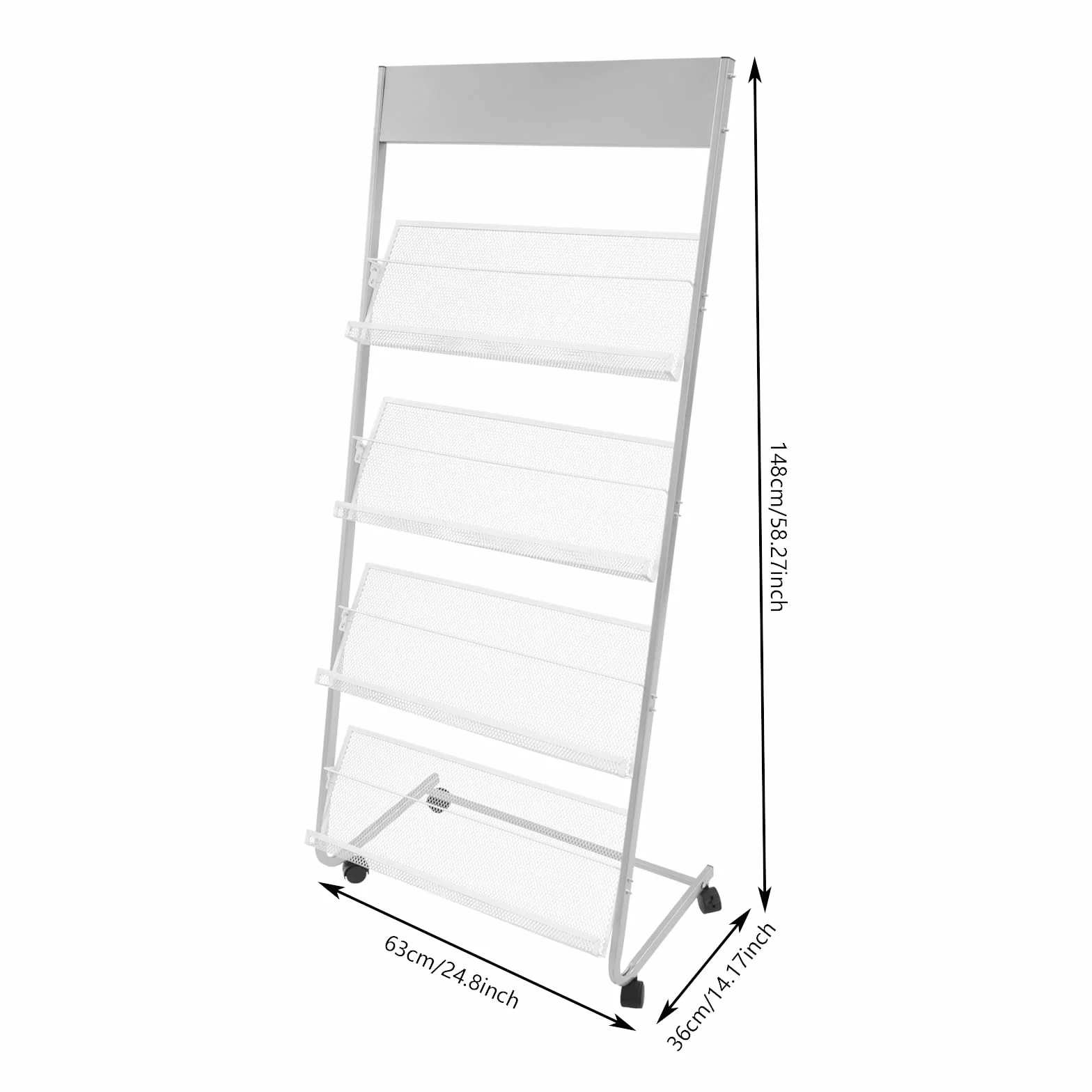 Expositor de Revistas de Pie con Ruedas, Soporte para Revistas Suelo Expositor de Pie para Folletos, 63*36*148 Cm, para Estudios, Bibliotecas, Atracciones Turísticas, Centros Comerciales (Plateado)