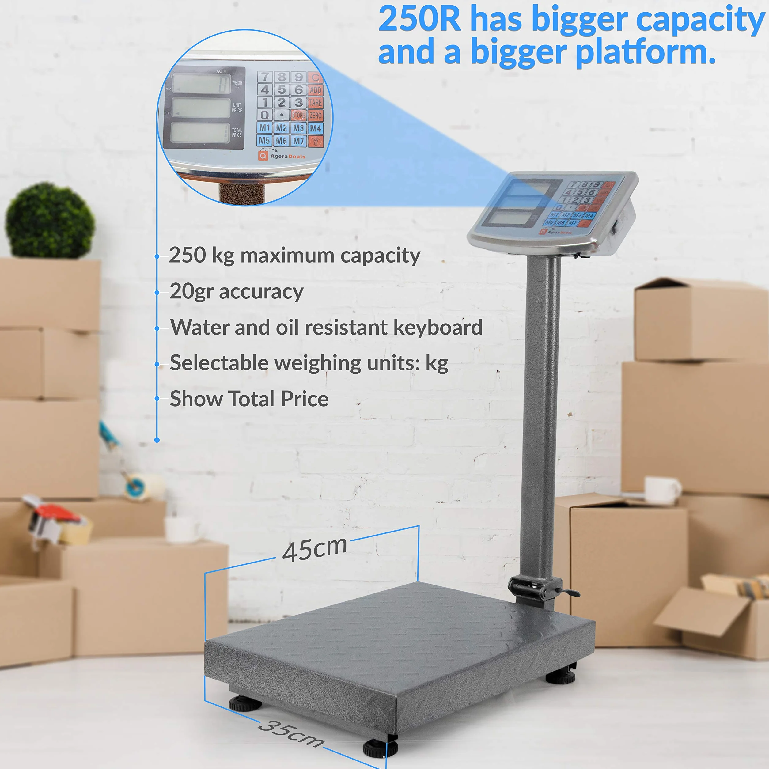 Báscula Industrial De Plataforma 250kg/20g, Plegable, Pantalla LCD Digital De Doble Cara, Plataforma De Acero Tratada Térmicamente 35x45cm, Balanza Industrial Para Paquetería - Grandmaster