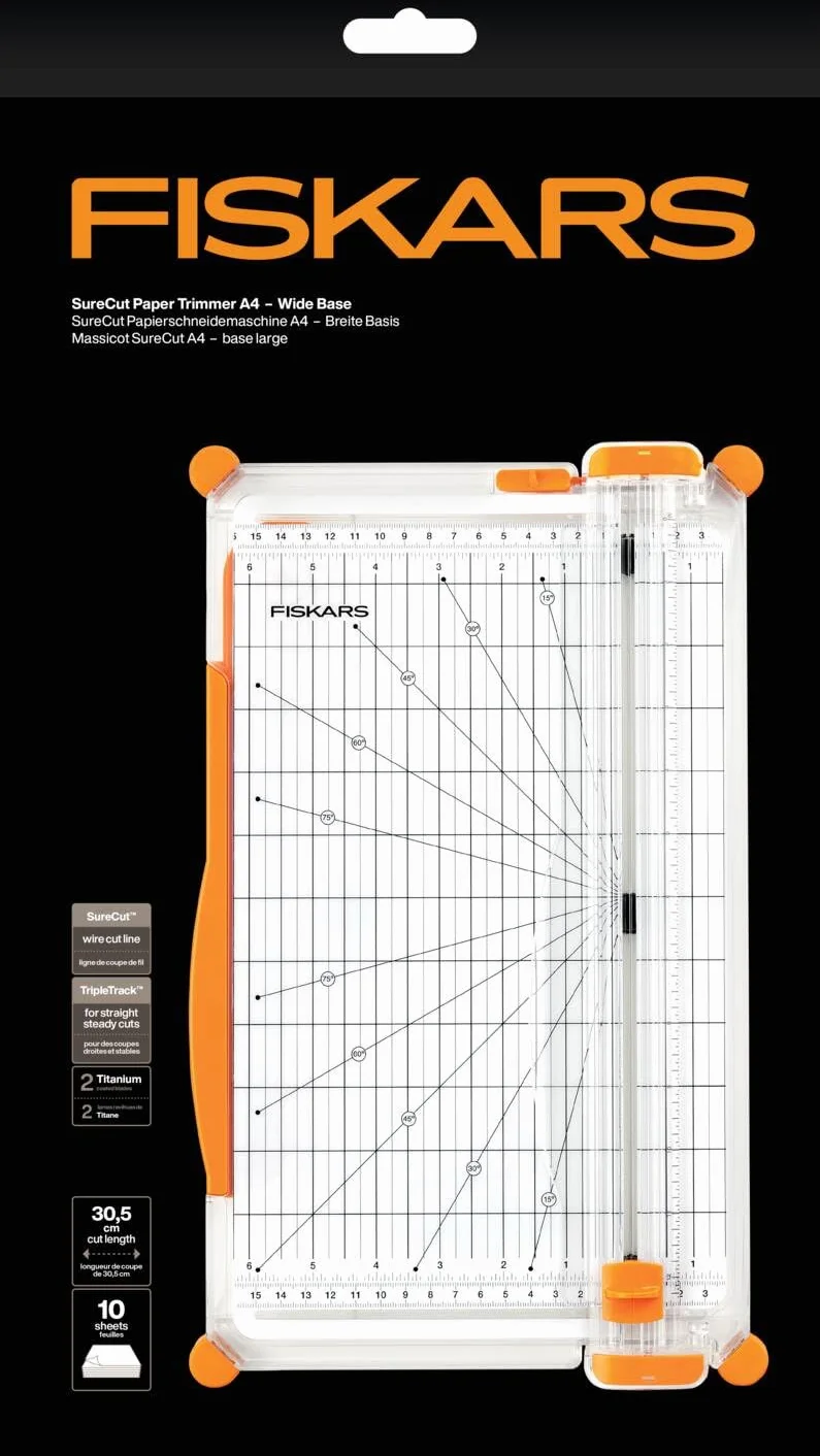Fiskars SureCut Cortadora de papel, A4, Base ancha, Cortadora de papel con guía de línea de corte, Blanco/Naranja, 1077980.