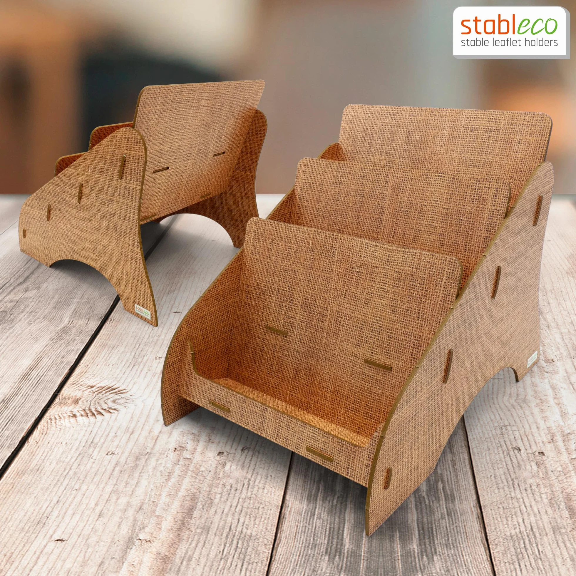 Soporte para folletos ecológico DIN A5 horizontal 3 compartimentos diseño natural