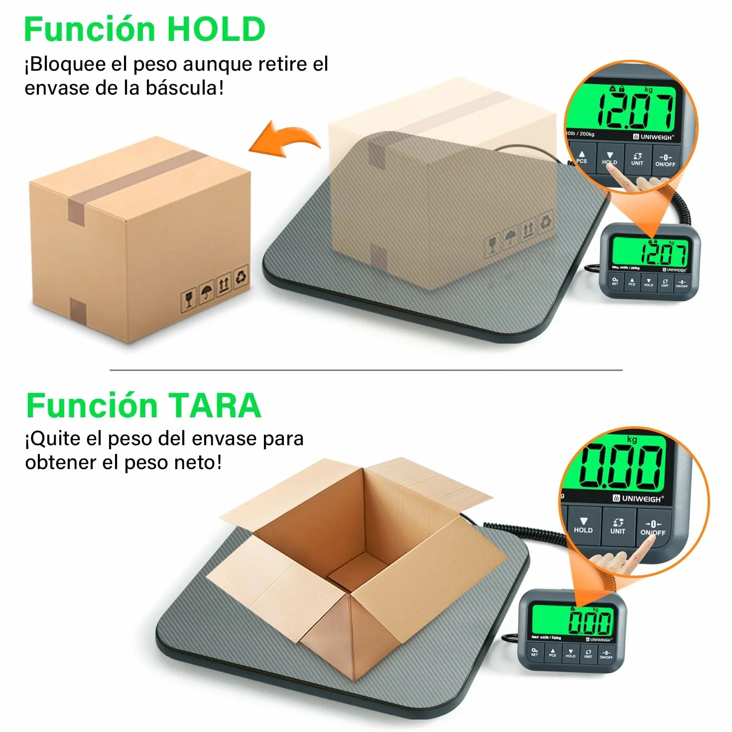 UNIWEIGH Báscula postal digital de 440 libras, báscula de envío de alta precisión de 0.3 onzas para paquetes con retención/tara/conteo, báscula comercial para pequeñas empresas, báscula de envío para