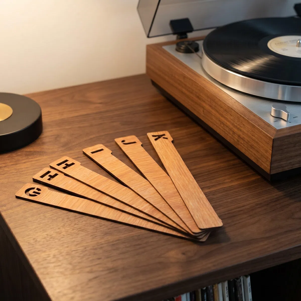 Toddmomy Juego de 2 separadores de madera para discos de vinilo con el abecedario, separadores de madera para estantes de álbumes, para cómics y estanterías de biblioteca.