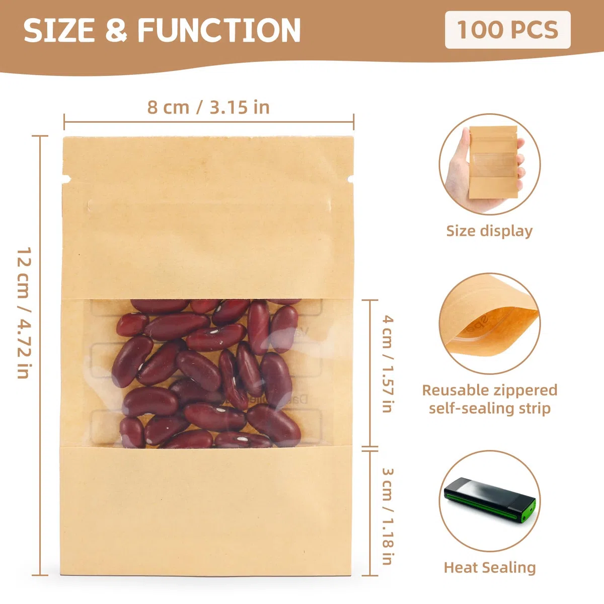 Paquete de 100 sobres pequeños resellables con ventana transparente, 3.15 x 4.72 pulgadas, sobres de papel kraft marrón con plantilla de recolección de semillas preimpresa para almacenamiento de