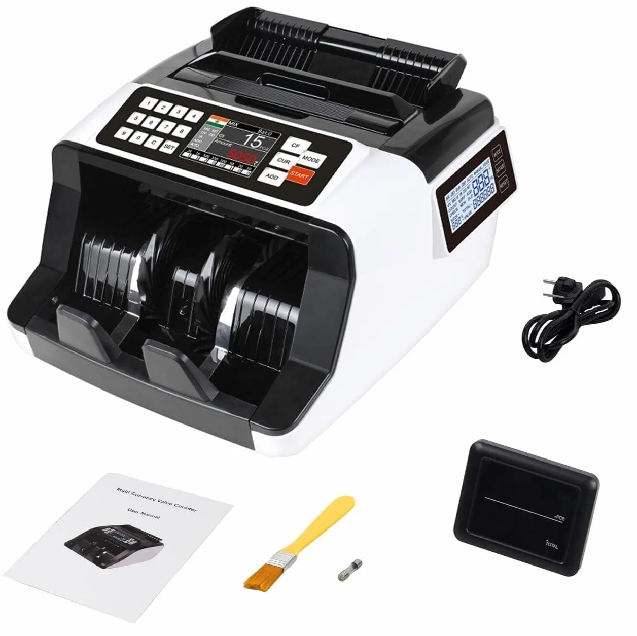 Contador y detector de Billetes falsos de Denominación Mixta Maquinas para Contar Billetes Mixtos con 8 Veces Preciso EUR, USD, GBP Cuenta 1000 Billetes por minuto. Detección UV, MG, MT, IR.