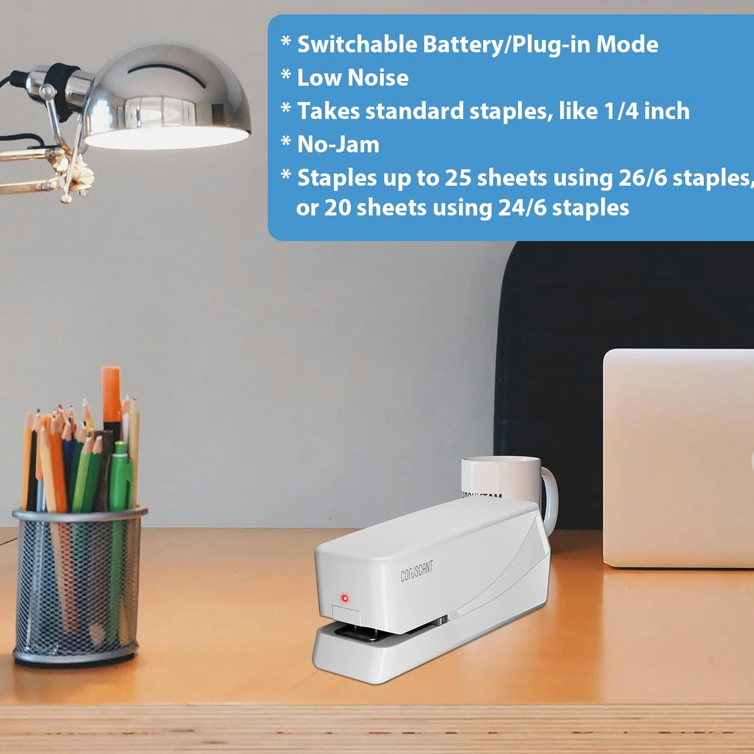 Coruscant Grapadora eléctrica, automática, muy resistente, 25 hojas, puede contener 210 grapas, incluye 2000 grapas y 1 extractor de grapas. Grapadora eléctrica de escritorio de CA o con pilas para