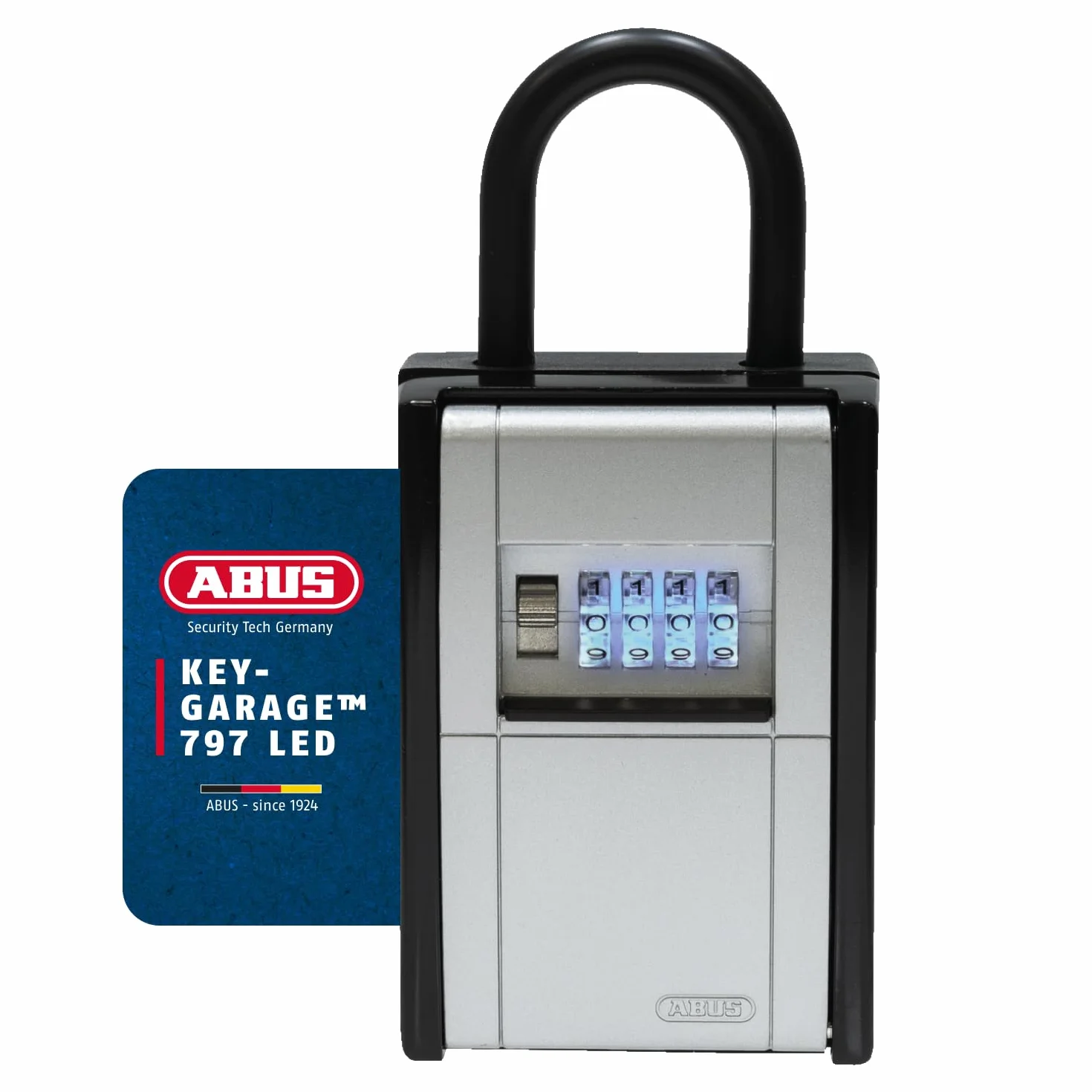 ABUS KeyGarage™ 797 LED - caja portallaves con arco de sujeción - con ruedas numéricas iluminadas - para llaves u objetos de valor pequeños - negro y plateado