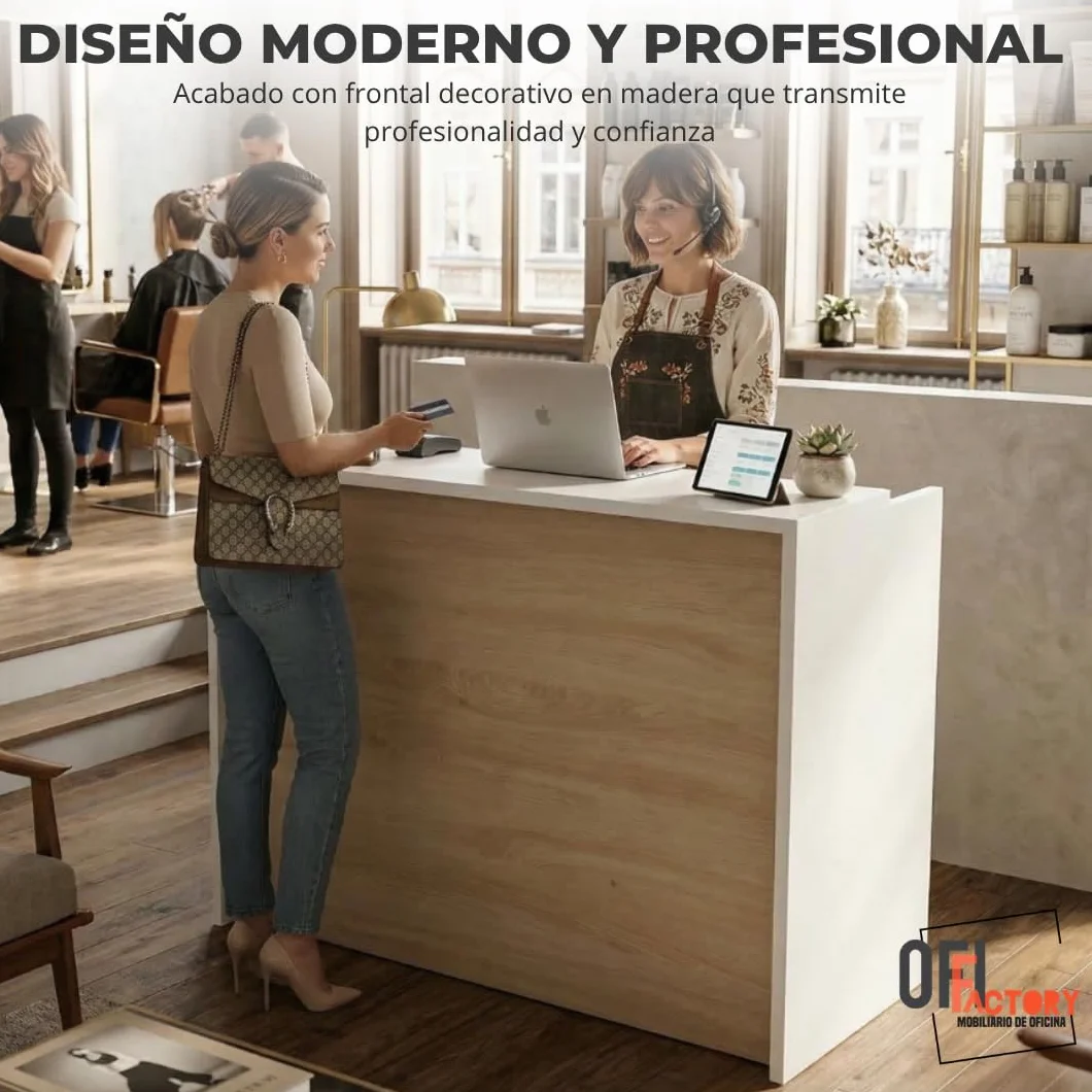 Mostrador Recepción Profesional Madera 25mm Grosor Mesa Oficina Peluquería Mueble con Estantería Acacia 120x105x50