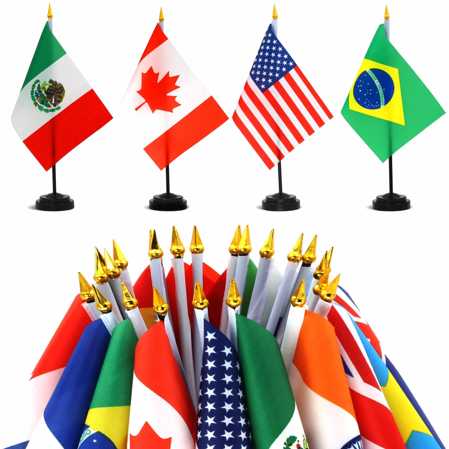 Anley Juego de Banderas de Escritorio 24 países 7,5x5,5 Pulgadas Bandera de Escritorio Estadounidense en Miniatura con Poste Negro de 12,5"- Color Vivo y Resistente