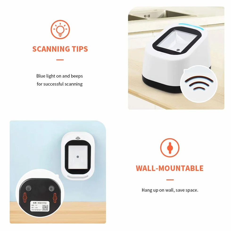 Docooler Escáner de código de Barras con Cable Escaneo versátil USB Escaneo de Manos Libres Código QR 1D y Lector de código 2D para supermercados/Tiendas