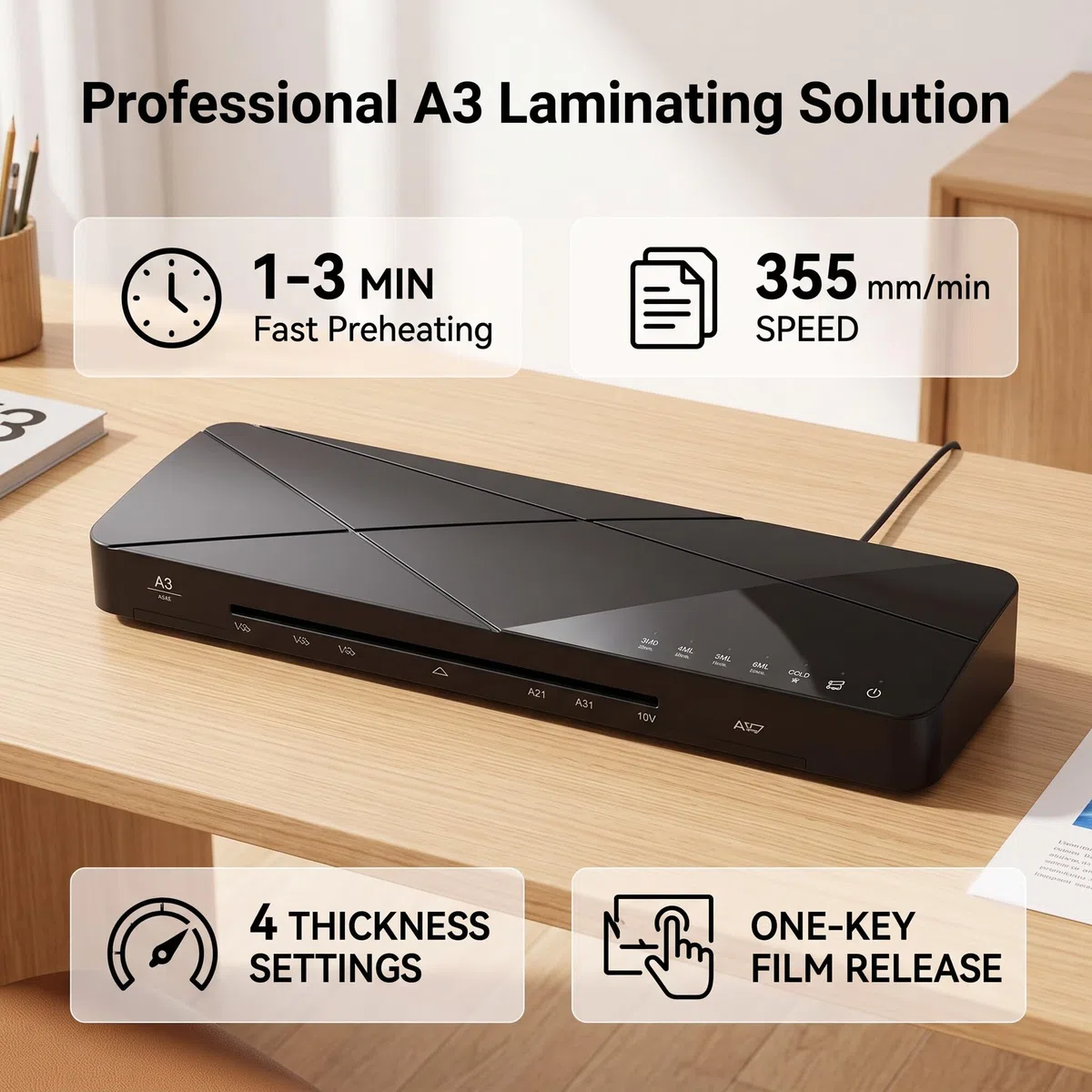 Máquina Laminadora A3, Proceso de Laminación Rápido, 4 Configuraciones de Grosor, Con Recordatorio, Versátil para Varios Tamaños, Liberación de Película, para Fotos, Menús,