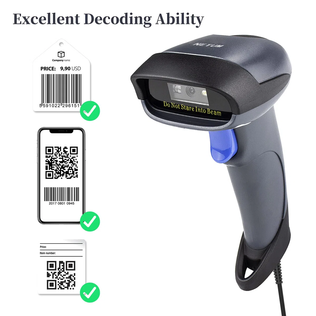NETUM Escáner de código de barras 2D con soporte USB 2.0 con cable QR Code Imager lector automático de código de barras pistola escáner de mano con cable USB para portátiles, computadoras, cajero, POS