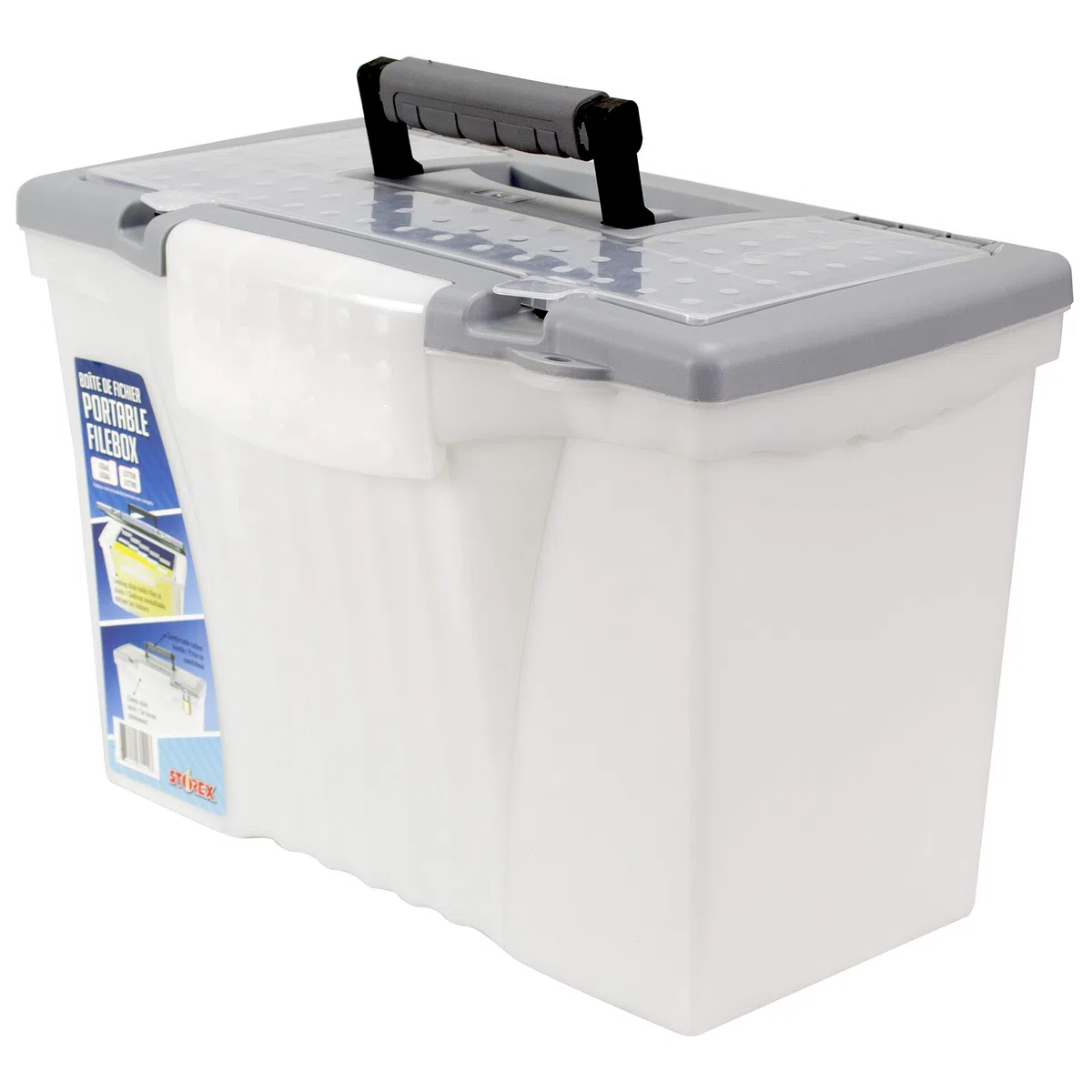 Storex Caja de archivos portátil con tapa organizadora, 17.13 x 9.63 x 11 pulgadas, esmerilado/plateado (61511A01C)