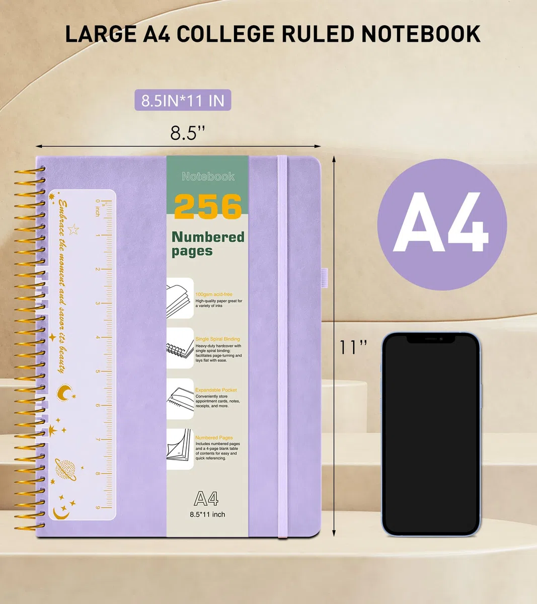 Cuaderno en espiral A4 de 8.5 x 11 pulgadas, 256 páginas numeradas de tapa dura, diarios de cuero para mujeres y hombres, cuadernos grandes rayados universitarios, papel grueso de 100 g/m², diario