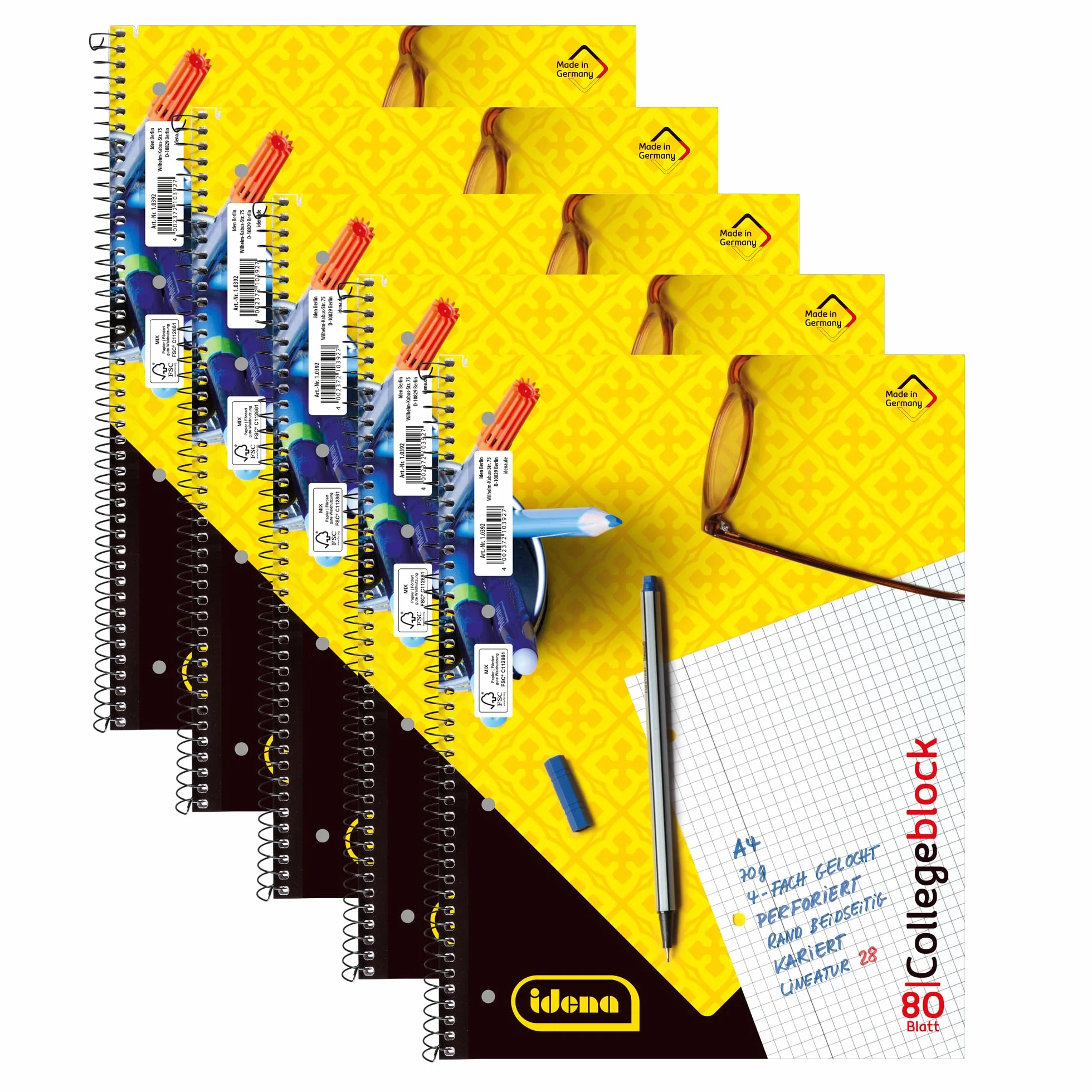 Idena 90367 - Bloc de notas A4 5 unidades con 80 hojas cuadriculadas y doble margen, bloc con encuadernación en espiral, papel de 70 g/m² 4 agujeros y perforado