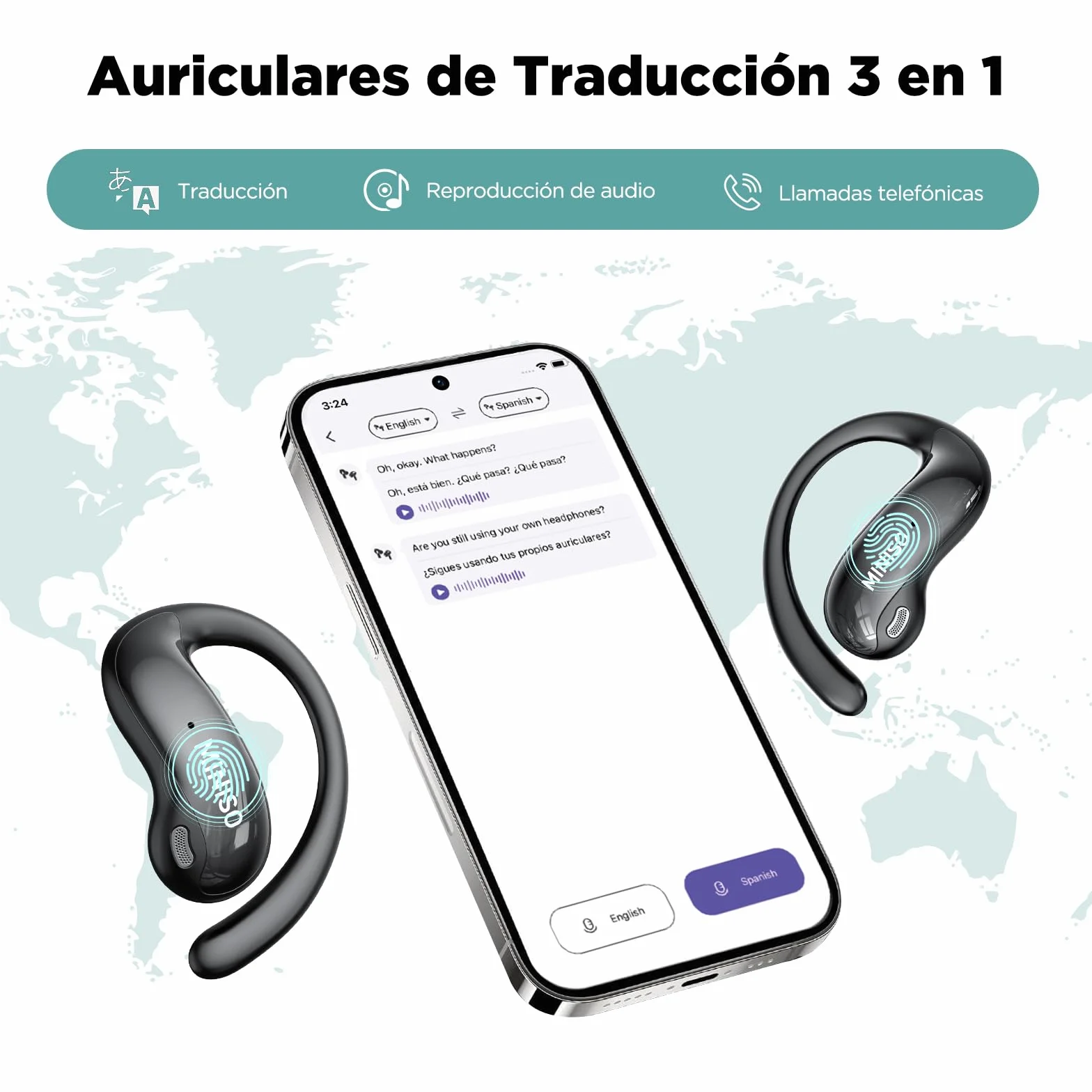 MINISO MS188 Auriculares Traductores de Idioma, 3 in 1 AI Auriculares Traductor en Tiempo Real 134 Idiomas, Auriculares Traductores Pantalla Táctil LCD OWS, Compatible con iOS y Android, Negro