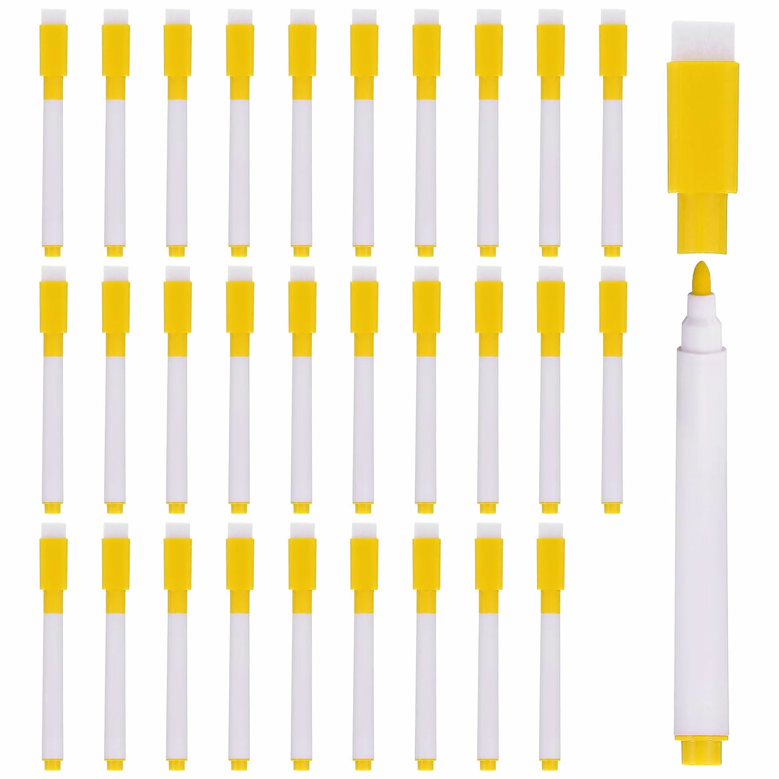 PATIKIL Rotuladores para Pizarra Blanca, Paquete de 100, Tinta Amarilla, Punta Fina, Baja Emisión de Olores, con Tapa Borradora para Oficina, Hogar, Aula, Varilla Blanca