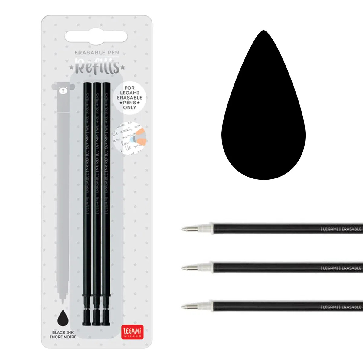 Legami - Recambios de gel para bolígrafos de gel borrable con sobre Tinte Ink (negro, azul, morado y turquesa)