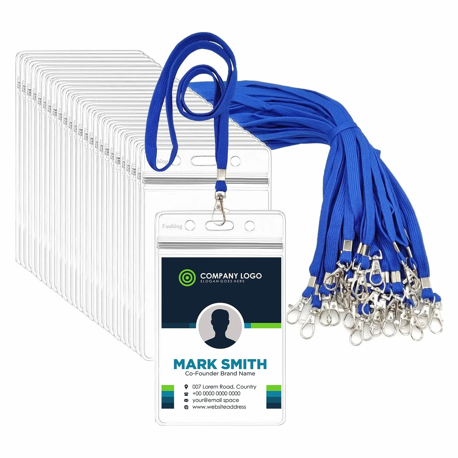 Fushing 50 etiquetas verticales de plástico transparente para nombres tarjetas de identificación cordones azules con gancho giratorio (152x102)