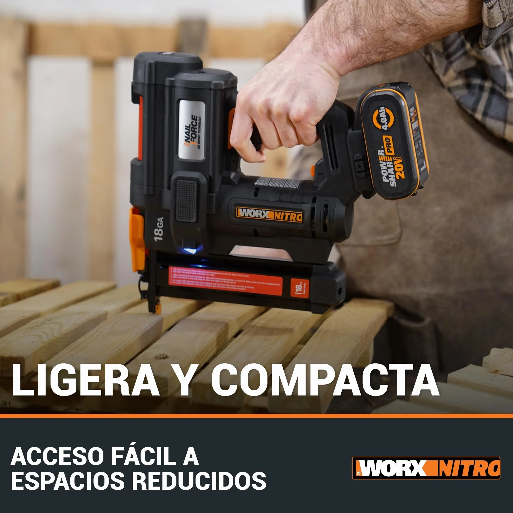 WORX WX844 Nitro – Grapadora eléctrica inalámbrica 20 V – 2 Ah – Dispara hasta 80 grapas por minuto – Desbloqueo sin herramientas – (incluye batería y cargador| 200 grapas 18 GA| gancho de cinturón)