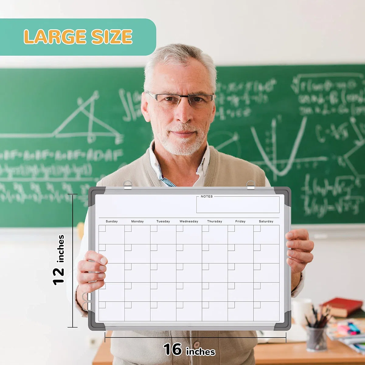 Pizarra blanca con calendario mensual para pared, pizarra de borrado en seco de 16 x 12 pulgadas, pequeña pizarra blanca magnética, pizarra colgante de doble cara para oficina, escuela, hogar, cocina