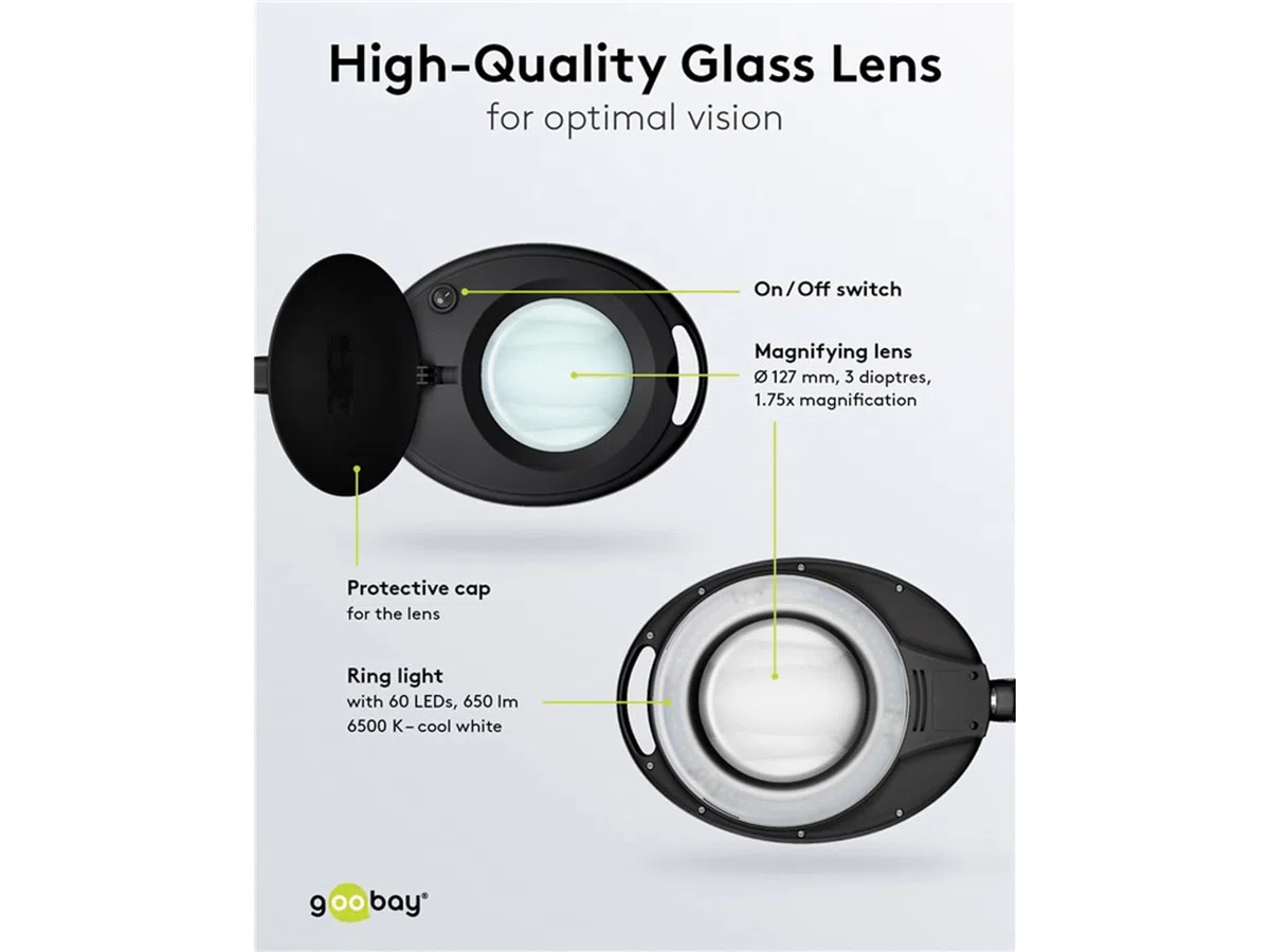 goobay 64989 Lámpara aumento LED 8W 650lm/ pinza/lente cristal 127mm 1,75 aumentos/lupa trabajo cosmética, soldadura, manualidades, leer/brazo doble articulación/lámpara sobremesa