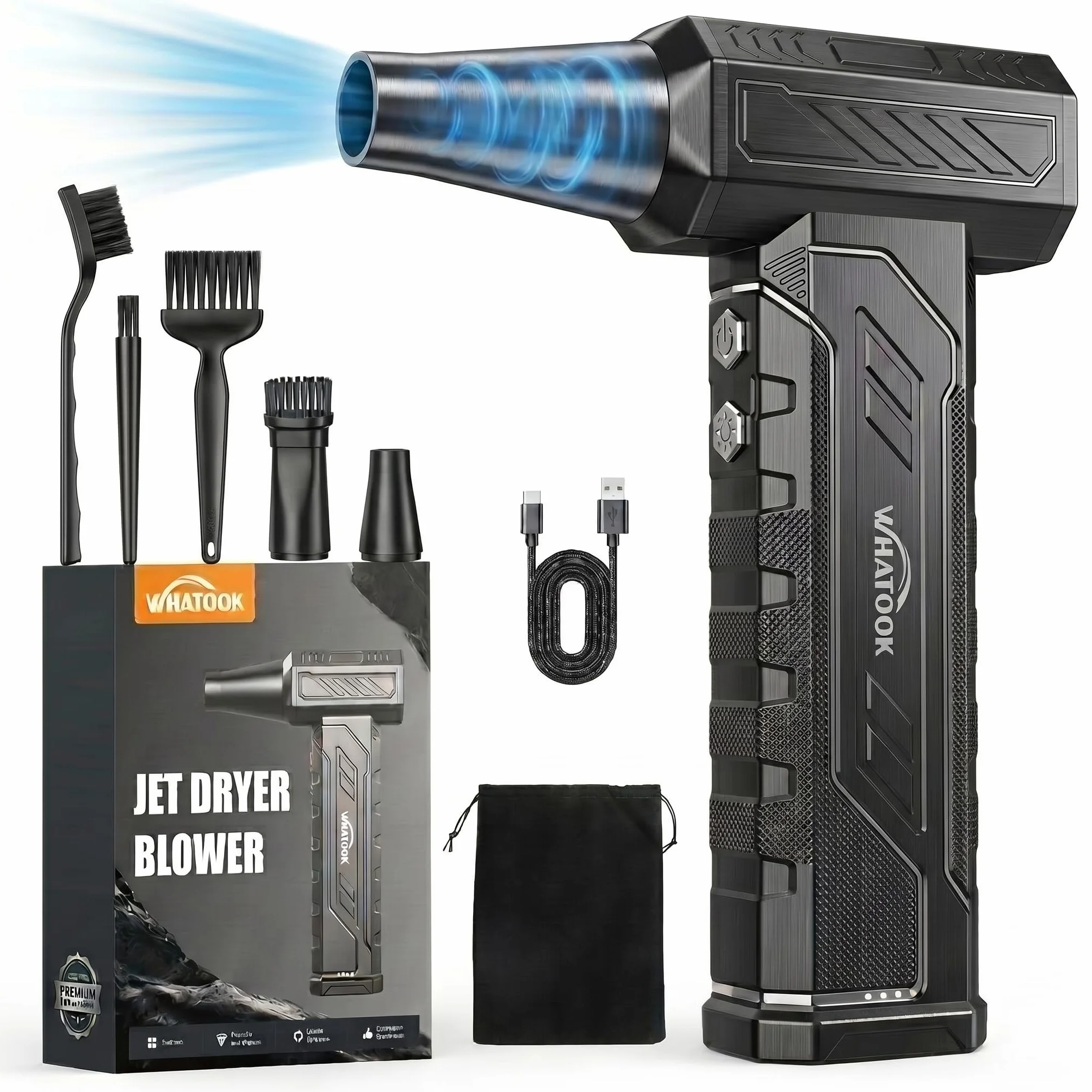 WHATOOK Soplador de Aire Eléctrico Potente, 4 Velocidades 250000 RPM Aire Comprimido Limpieza PC Air Duster con 8000mAh Bateríay Luz LED, USB-C Recargable Mini Compressed Air para PC, Teclado, Coche