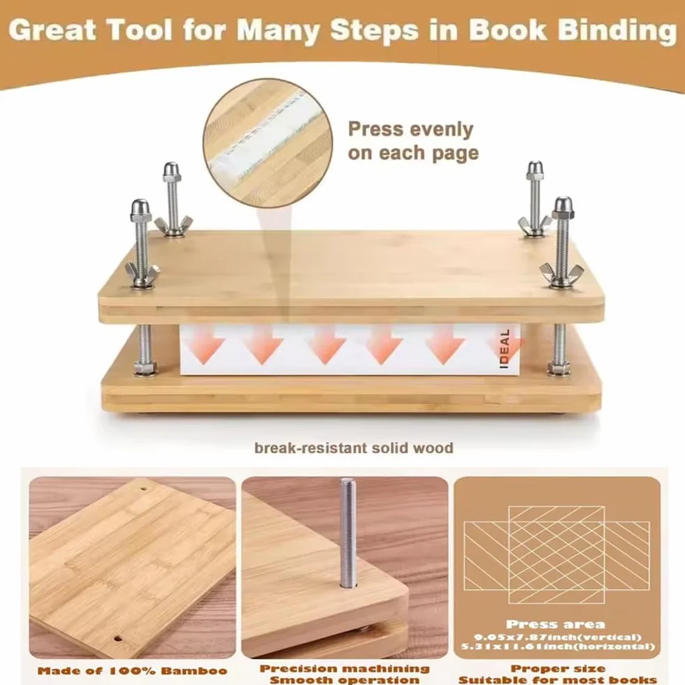 Kit de Encuadernación de Libros con Prensa de Madera,48 Piezas Incluyen Herramientas Básicas (Prensador,Dobladora,Cubiertas,Lezna)Equipo Portátil para Encuadernación Manual y Proyectos DIY( 37.5*29cm)