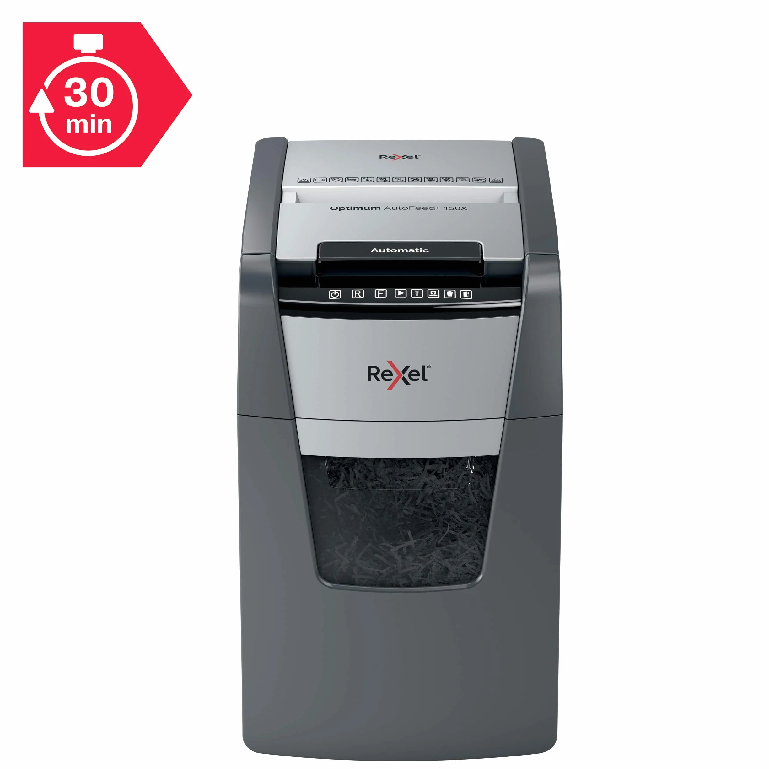 Rexel 2020150XEU - Destructora de Papel Automática Optimum AutoFeed 150X, Corte en Partículas P-4 (4x28 mm), 150 Hojas A4, Papelera Extraíble 44L, Destruye Grapas y Clips, Uso en Oficina