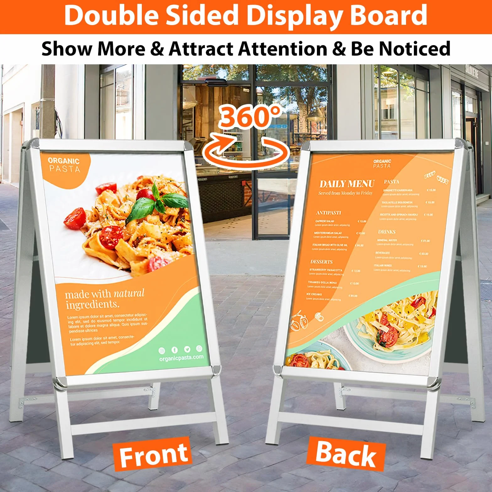 DIN A1 Tope para clientes exterior, resistente a la intemperie, soporte de doble cara, incluye protector de pantalla, soporte para publicidad y ferias (A1, plata)