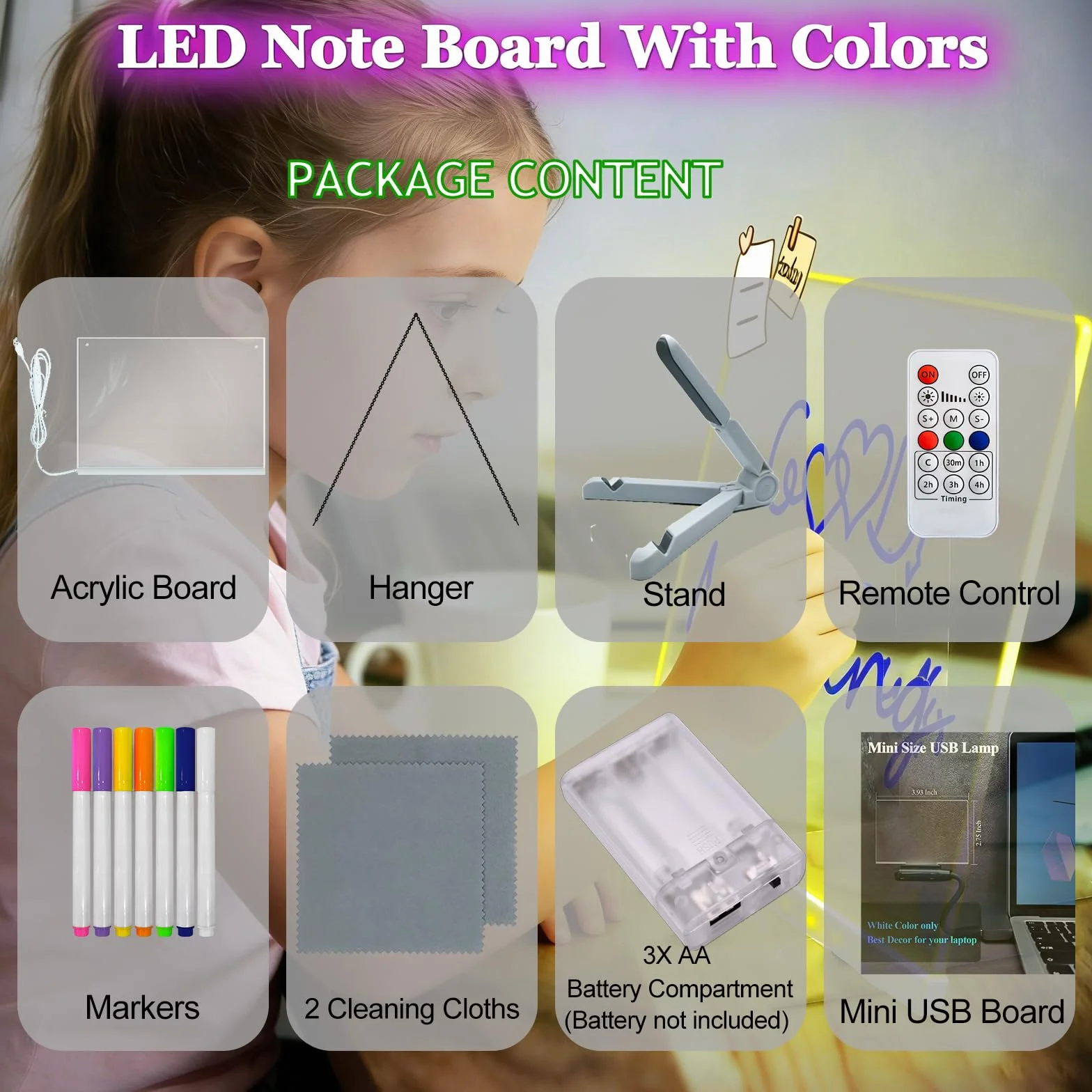 Tablero de mensajes acrílico transparente para escritura a mano, 11.81 x 7.95 pulgadas, 7 colores cambiantes, luz nocturna con control remoto, USB, pizarra blanca brillante con soporte plegable
