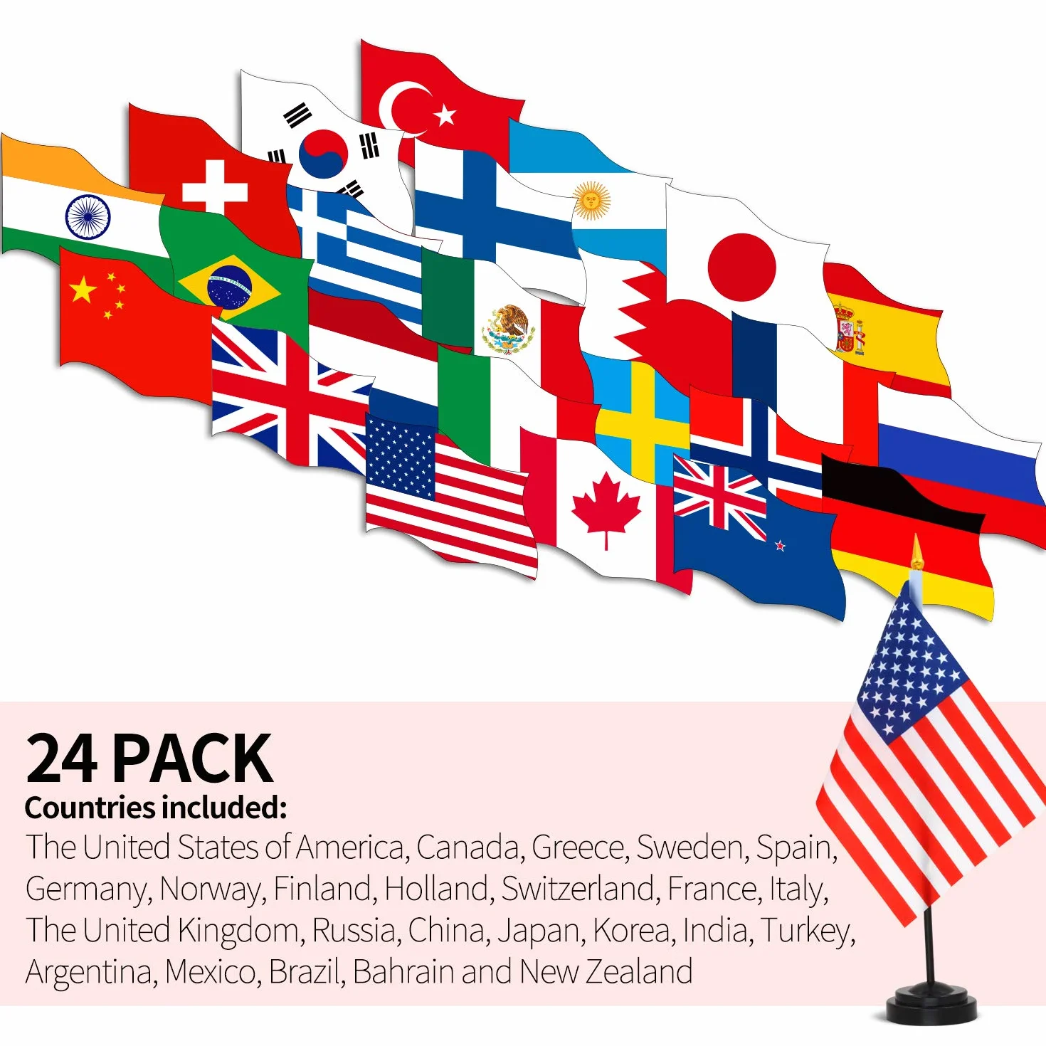 Anley Juego de Banderas de Escritorio 24 países 7,5x5,5 Pulgadas Bandera de Escritorio Estadounidense en Miniatura con Poste Negro de 12,5"- Color Vivo y Resistente