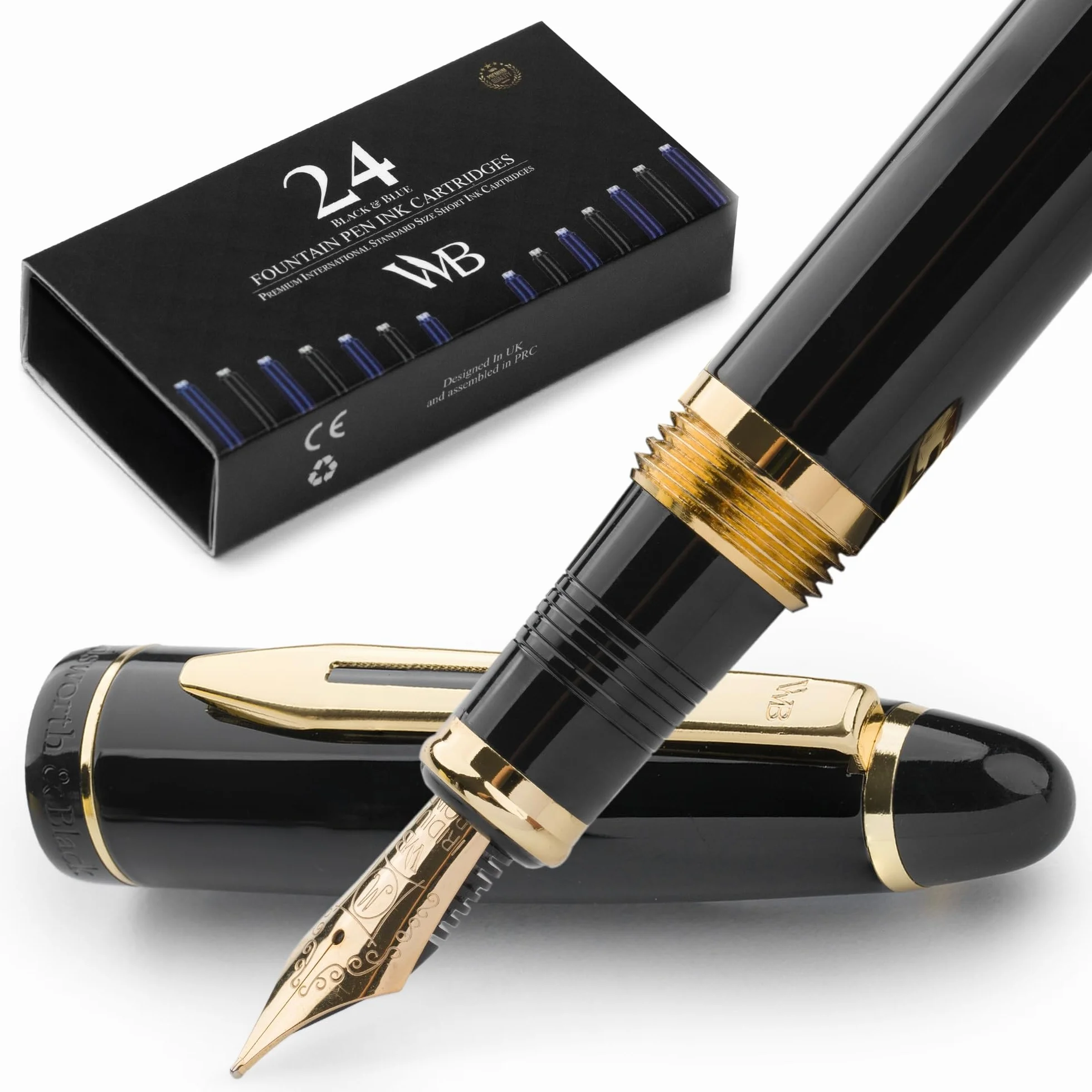 Wordsworth & Black Juego de pluma estilográfica Majesti (oro negro) de punta media con estuche de regalo, 24 cartuchos de tinta, convertidor de recarga de tinta, estuche de regalo, caligrafía