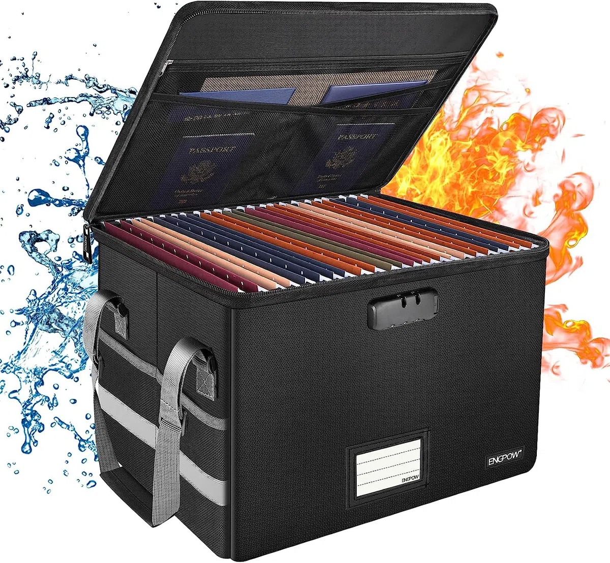 ENGPOW Caja de documentos ignífuga de 39,5 x 34 x 25,5 cm, caja de almacenamiento de archivos con cerradura, plegable, organizador de archivos con tapa, portátil, caja de seguridad para colgar