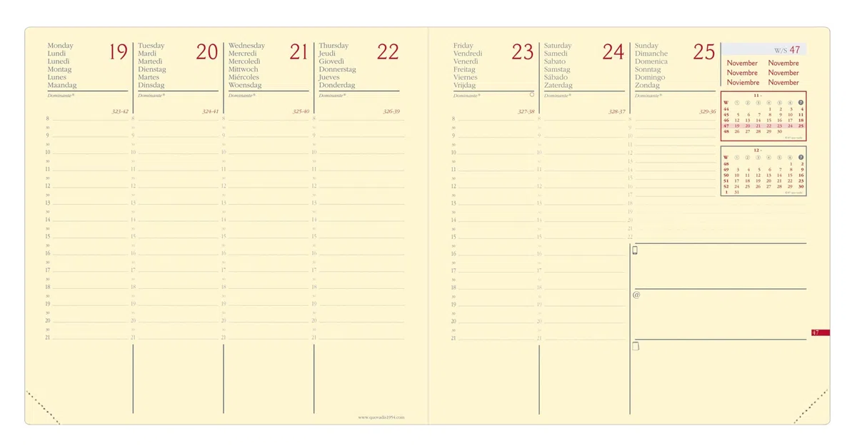 QUO VADIS - 905452Q - Línea: Ejecutivo Prestige - Agenda de Oficina Anual 2023, Semanal, 13 Meses, Diciembre-Diciembre, 16x16cm, Papel Marfil, Cubierta Color Rojo De Cuero Luna, Multilingüe