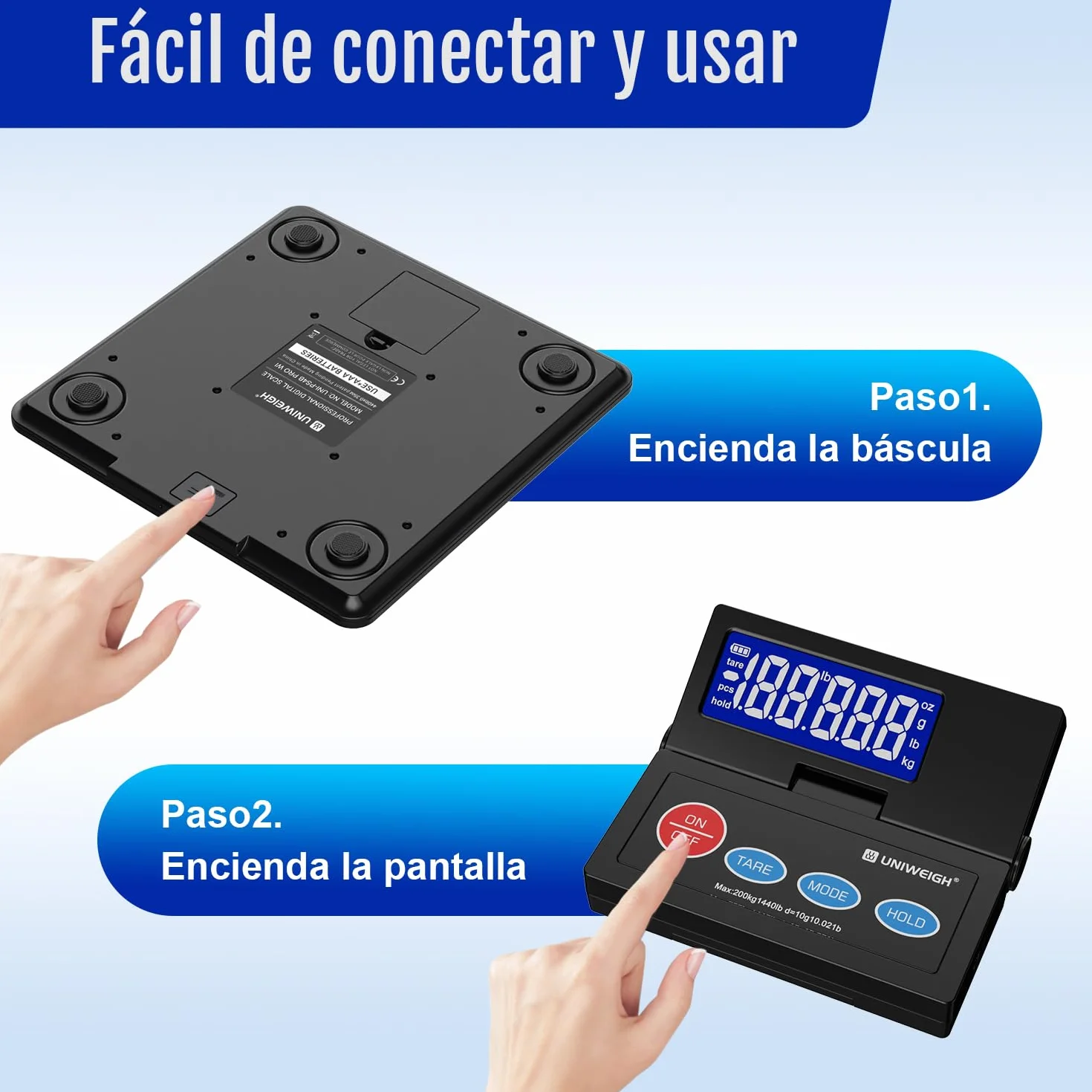 UNIWEIGH Báscula digital para paquetes 10 g precisión pantalla LCD retroiluminada plataforma acero aleado USB/batería tara Hold Auto-Off