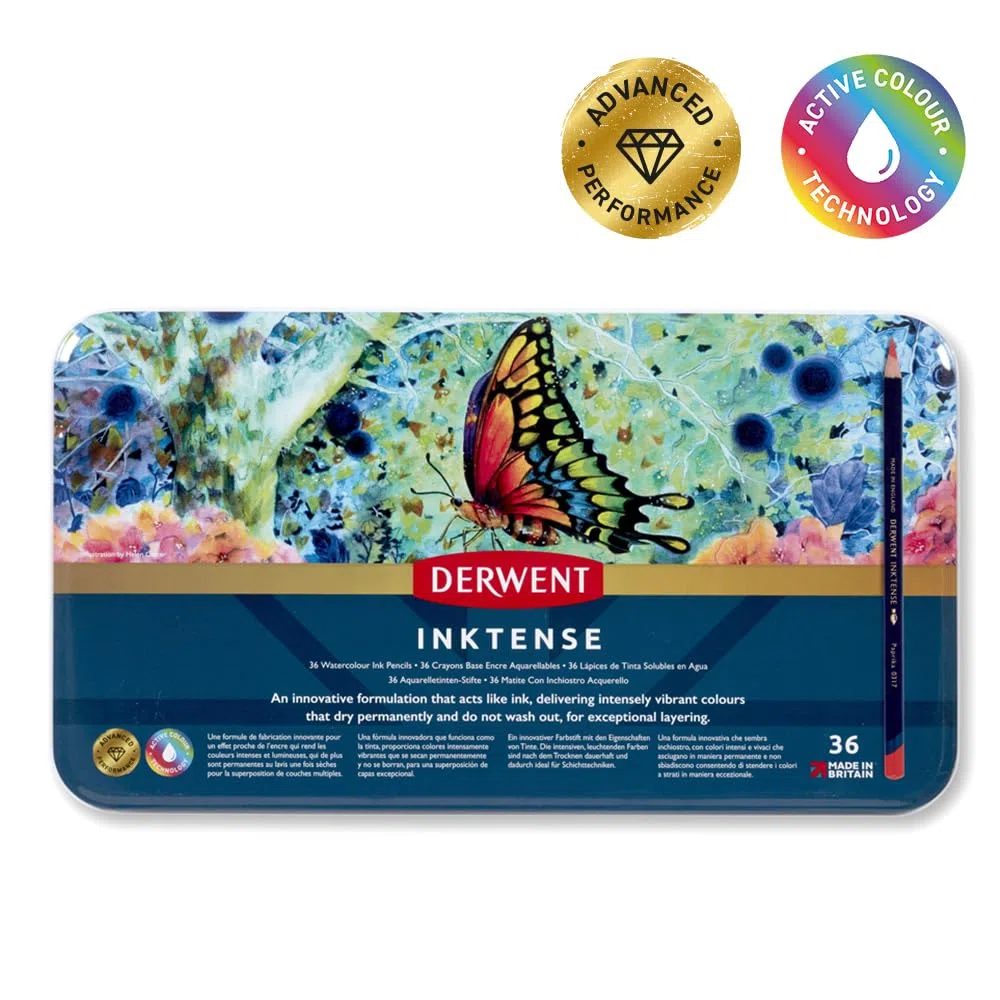 Derwent Inktense Juego de 36 Lápices de Tinta para Acuarela Solubles en Agua para Papel o Tela en Caja Metálica, 4 mm