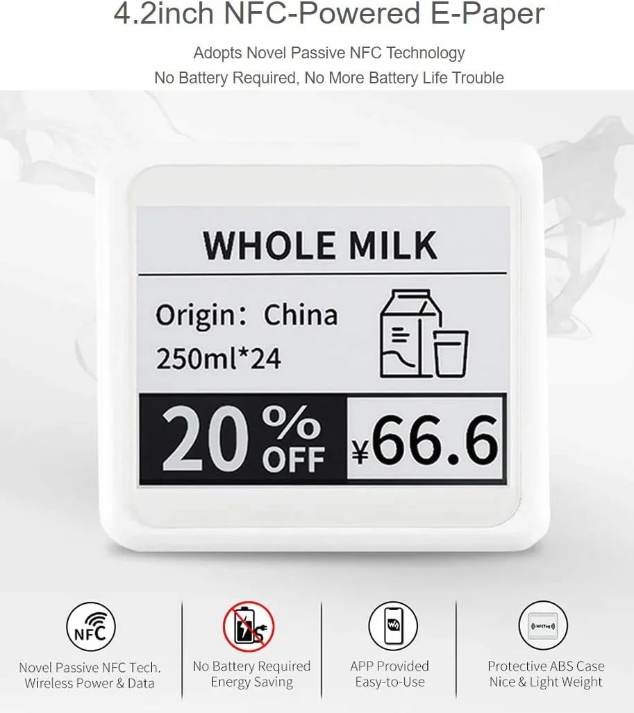 4.2inch Passive NFC-Powered e-Paper Black/White e-Ink Display, No Battery Required, Wireless Powering and Data Transfer,Refreshed by Smartphone